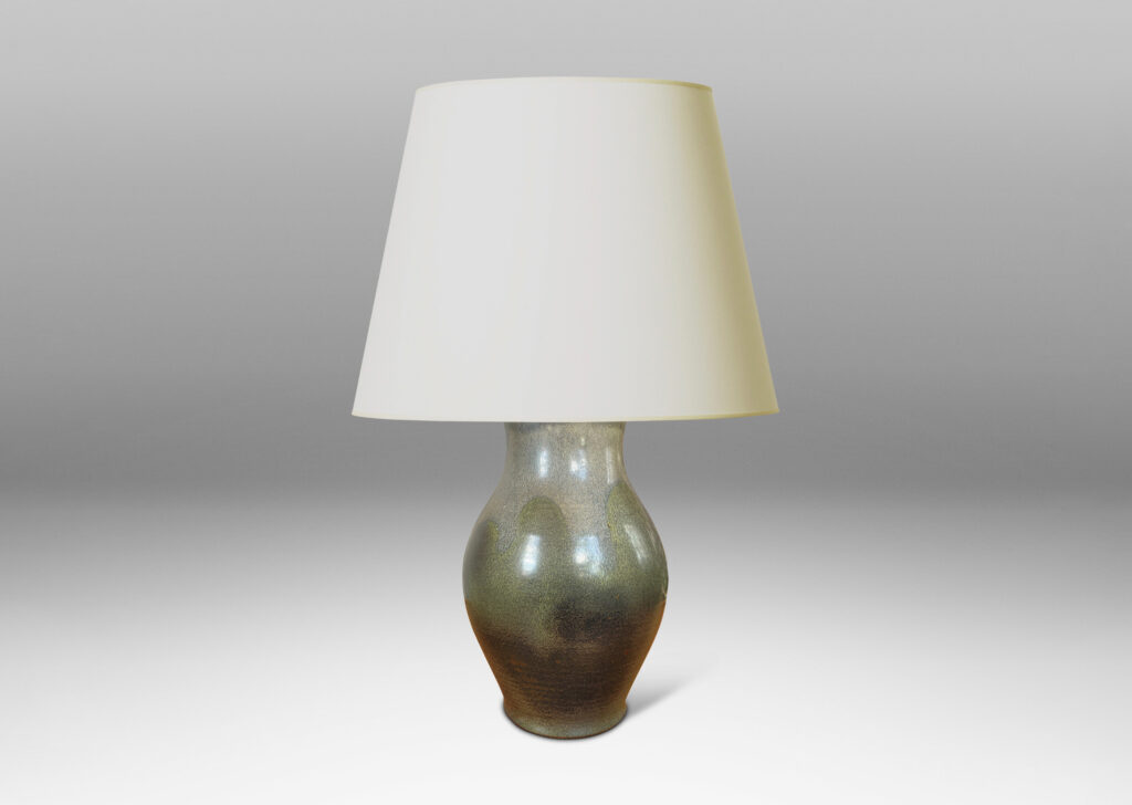 Gallery BAC swelling form in a moody green-gray glaze, with a bespoke tiered mount and harp; stoneware and bronze