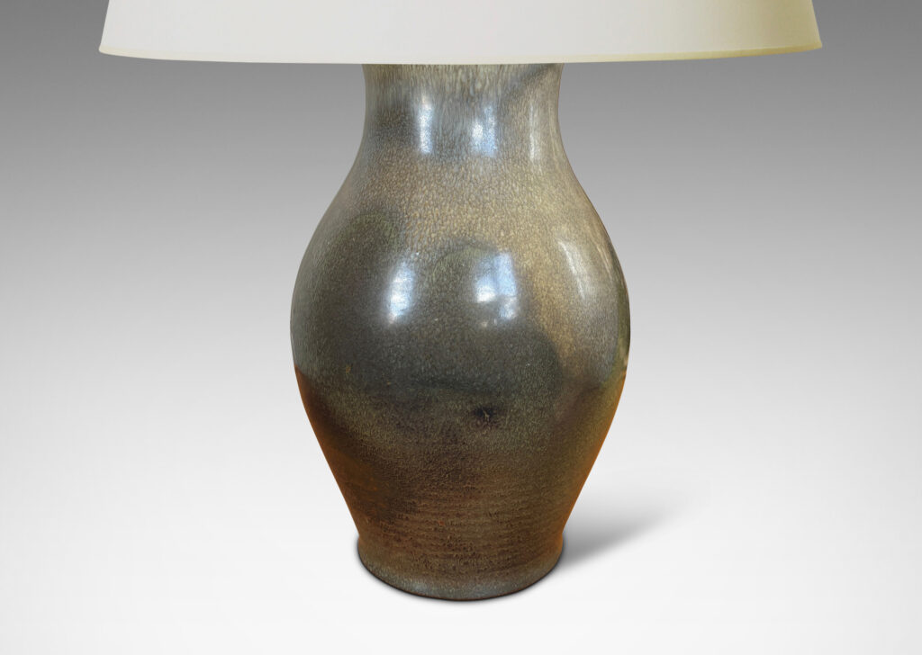 Gallery BAC swelling form in a moody green-gray glaze, with a bespoke tiered mount and harp; stoneware and bronze