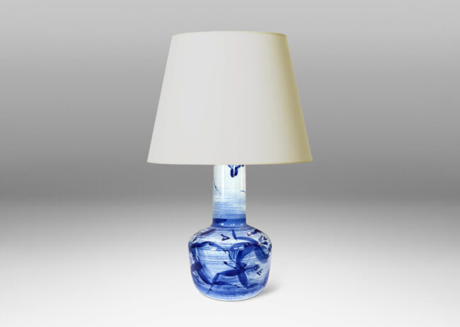 Gallery BAC angled drum form and wide neck, glazed in white with brushy blue design