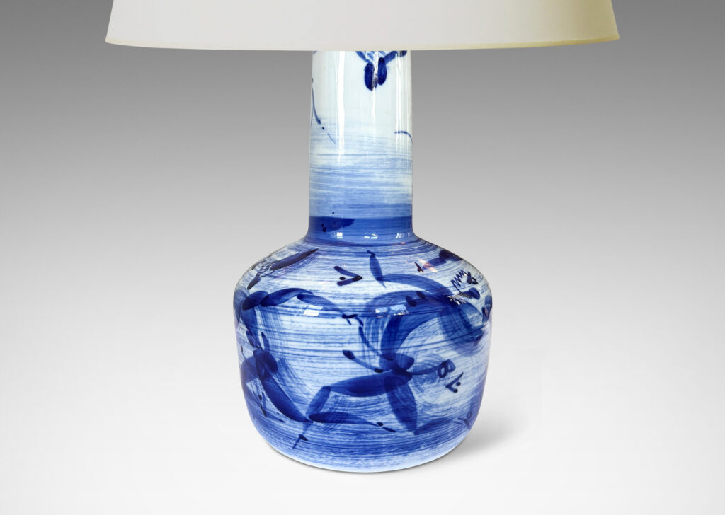 Gallery BAC angled drum form and wide neck, glazed in white with brushy blue design