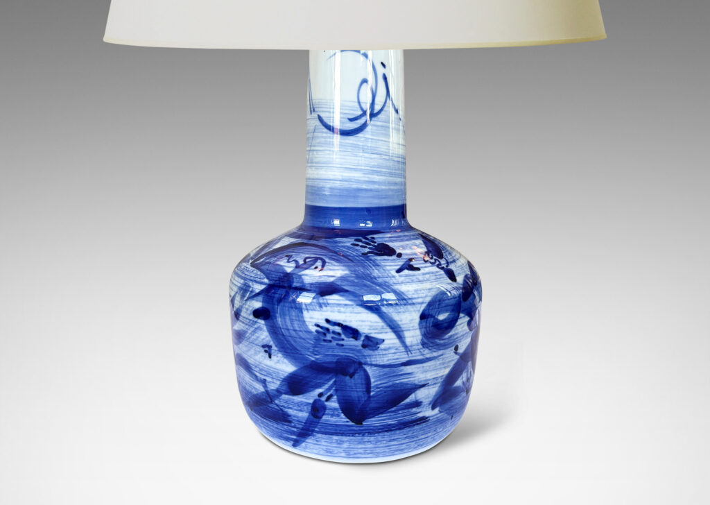 Gallery BAC angled drum form and wide neck, glazed in white with brushy blue design