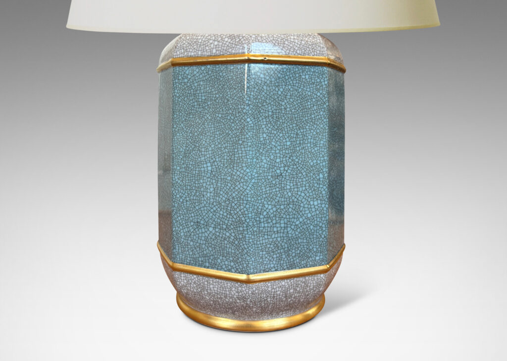Gallery BAC eight-sided form glazed in white-gray and pale turquoise, with gilded band accents; porcelain
