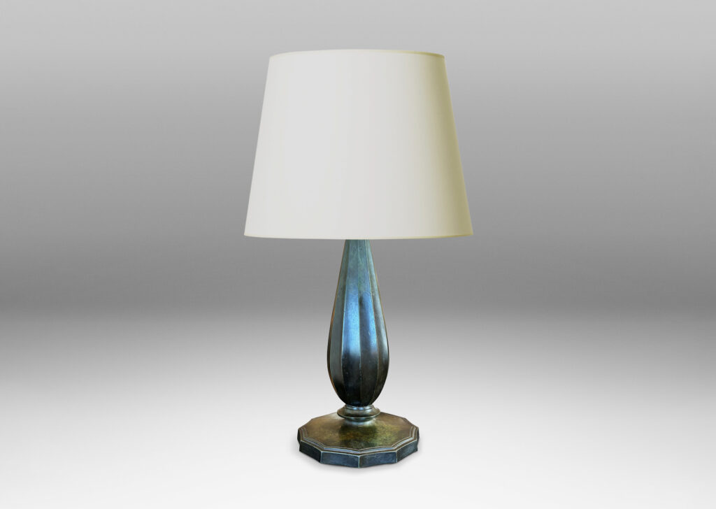 Gallery BAC large fluted drop form on a disk base; Disko alloy with bronze-evoking patination