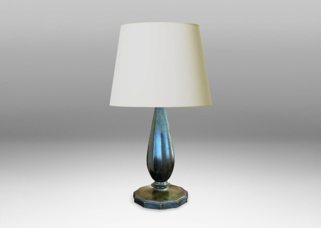 Gallery BAC large fluted drop form on a disk base; Disko alloy with bronze-evoking patination