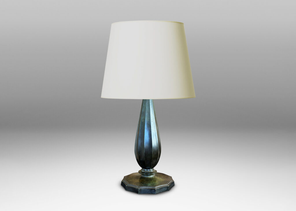 Gallery BAC large fluted drop form on a disk base; Disko alloy with bronze-evoking patination