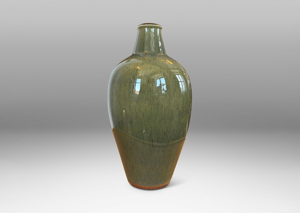 Gallery BAC tapered form with sprouting neck, glazed in a mossy green with gold-tan undertones