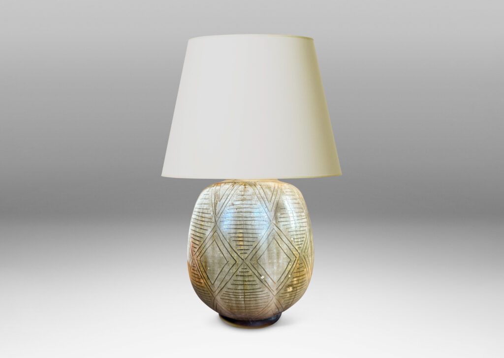 Gallery BAC swelling ovoid form carved with a diamond pattern design and gold-gray glaze wash