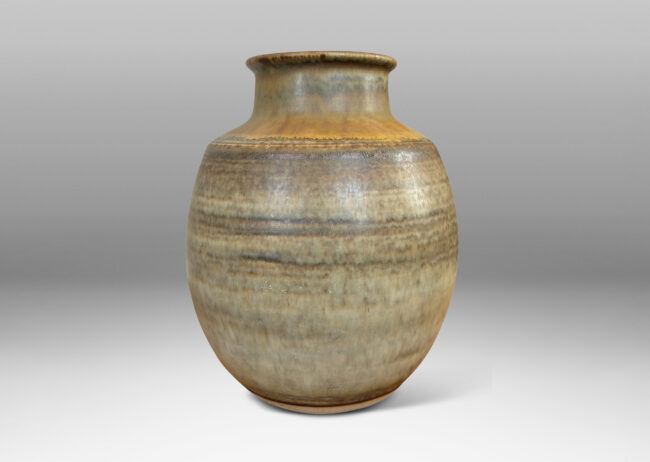 Gallery BAC ovoid form with coved neck, glazed in a watery green-gray with tan highlight circling the shoulders