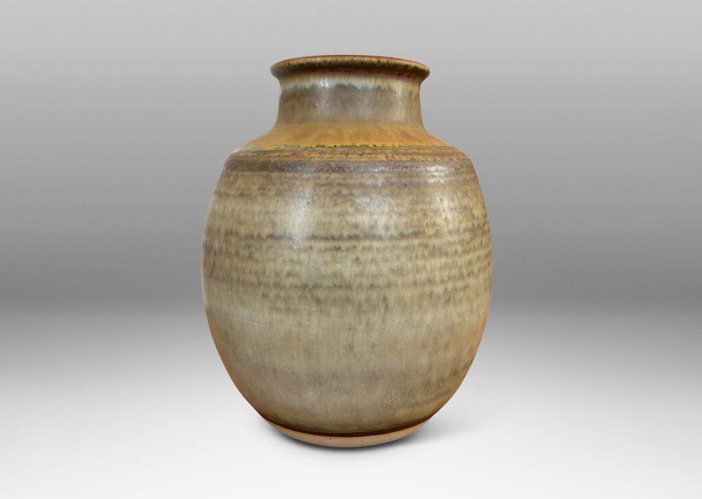 Gallery BAC ovoid form with coved neck, glazed in a watery green-gray with tan highlight circling the shoulders