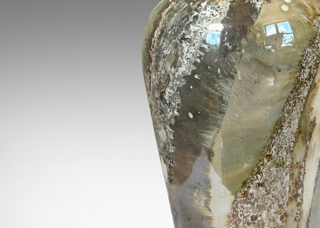 Gallery BAC classic tapered form, in a fine marble-like glazing in light brown and pale gray lusters