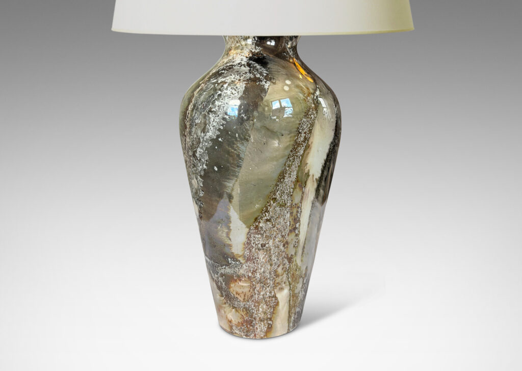 Gallery BAC classic tapered form, in a fine marble-like glazing in light brown and pale gray lusters