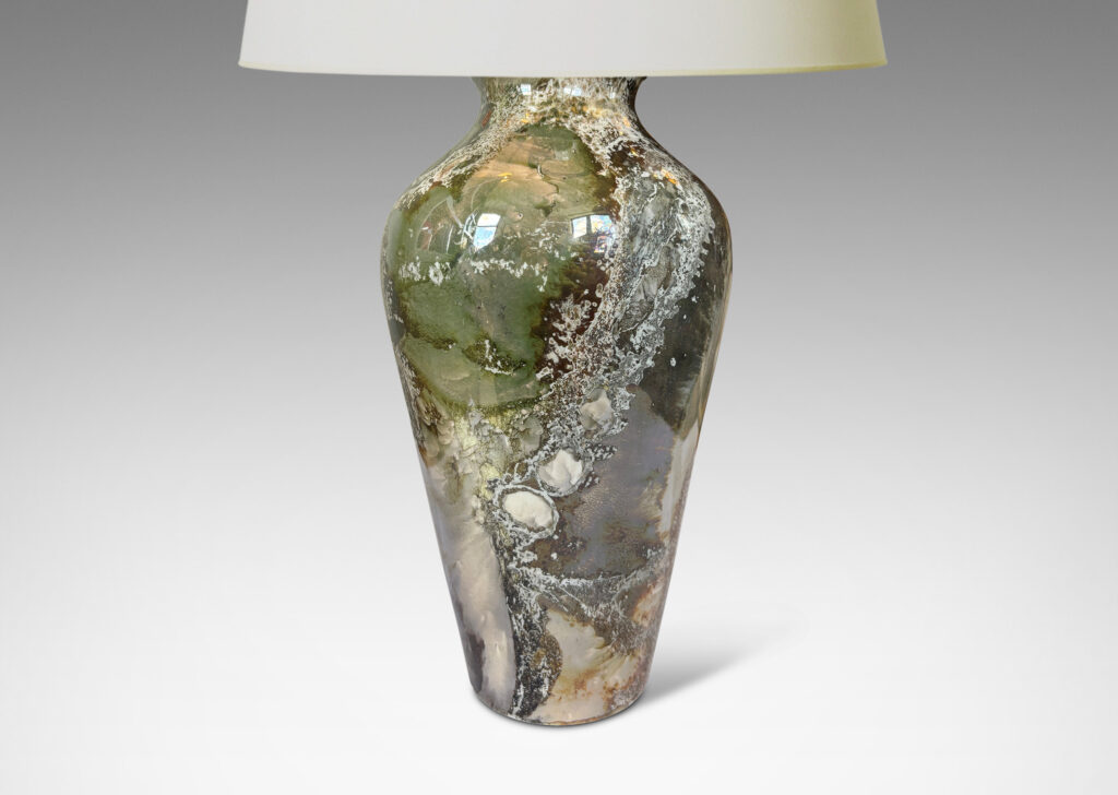 Gallery BAC classic tapered form, in a fine marble-like glazing in light brown and pale gray lusters