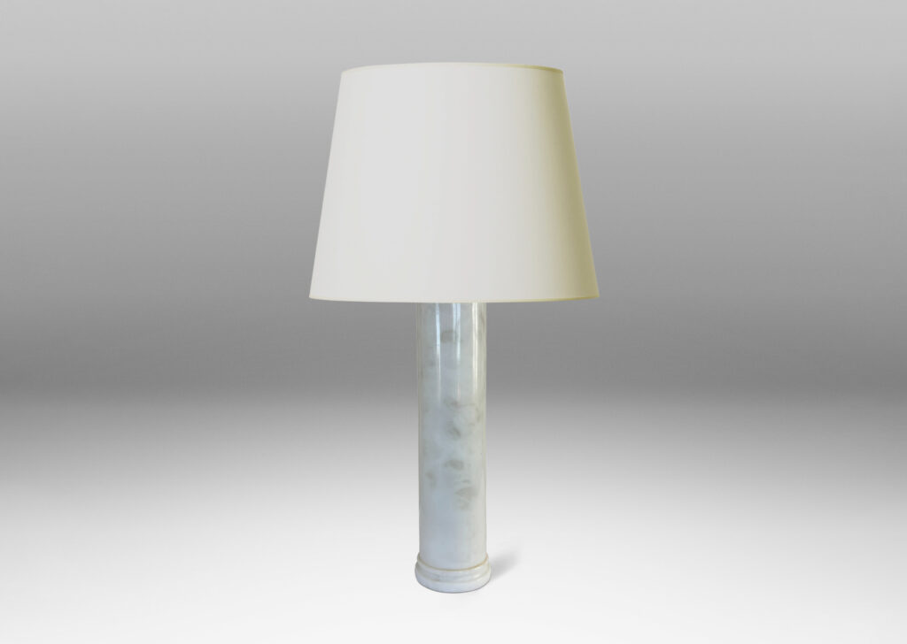 Gallery BAC cylindrical form with stepped disk plinth; lathed solid marble in white with gray graining