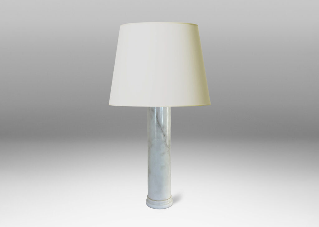 Gallery BAC cylindrical form with stepped disk plinth; lathed solid marble in white with gray graining