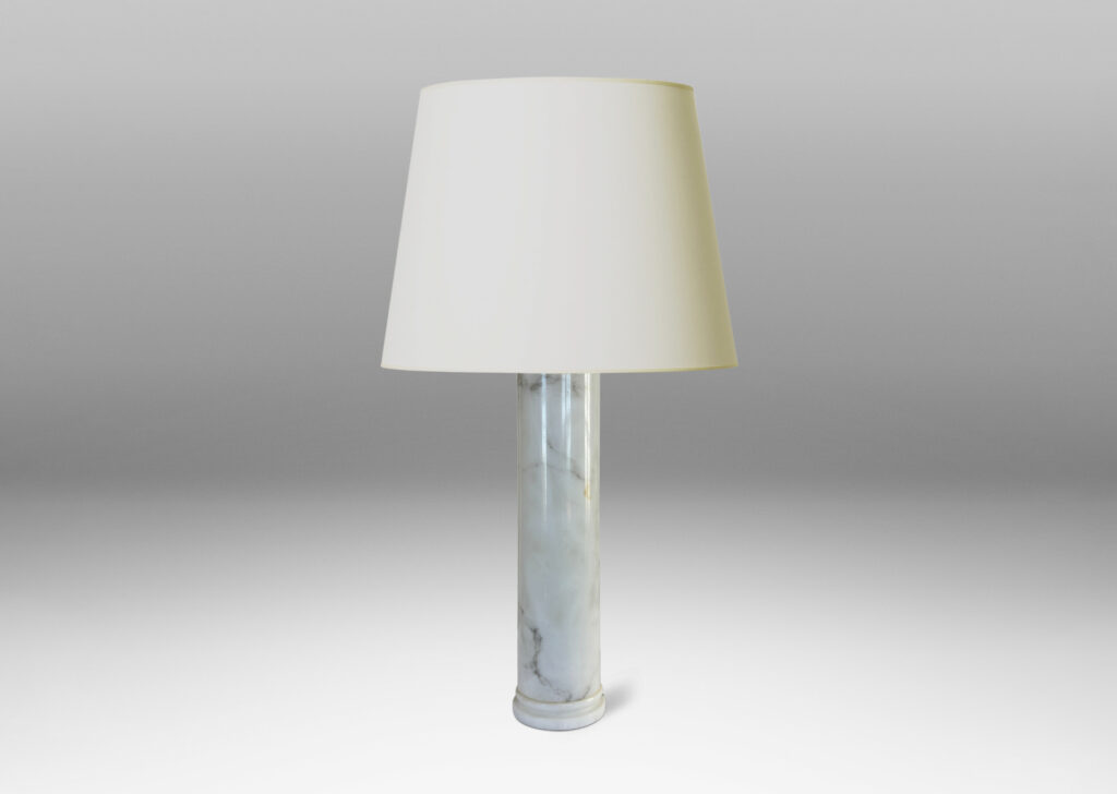 Gallery BAC cylindrical form with stepped disk plinth; lathed solid marble in white with gray graining