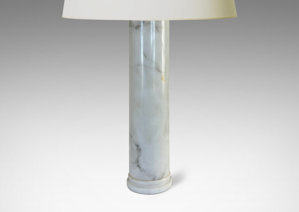 Gallery BAC cylindrical form with stepped disk plinth; lathed solid marble in white with gray graining