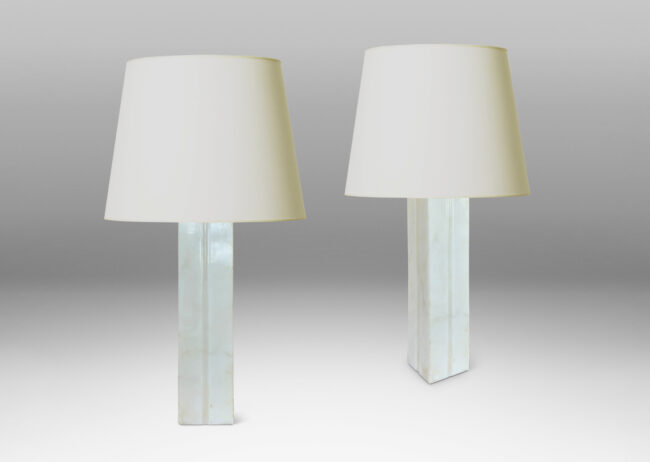 Gallery BAC square pillar form with vertical carved bands on each face; lathed solid marble in white with gray graining