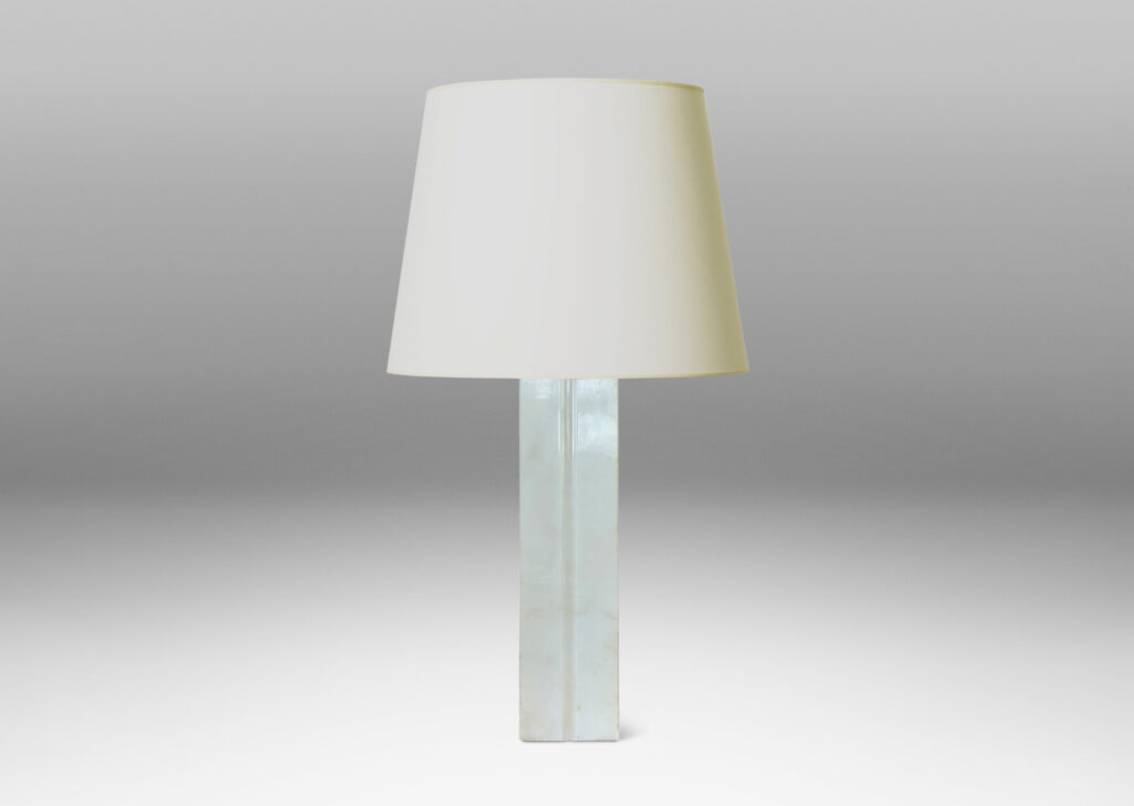 Gallery BAC square pillar form with vertical carved bands on each face; lathed solid marble in white with gray graining