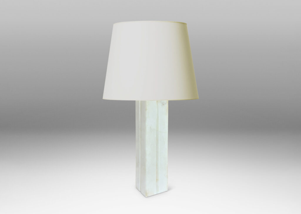 Gallery BAC square pillar form with vertical carved bands on each face; lathed solid marble in white with gray graining