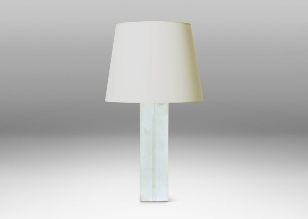Gallery BAC square pillar form with vertical carved bands on each face; lathed solid marble in white with gray graining