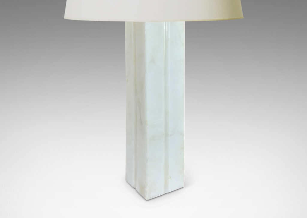 Gallery BAC square pillar form with vertical carved bands on each face; lathed solid marble in white with gray graining