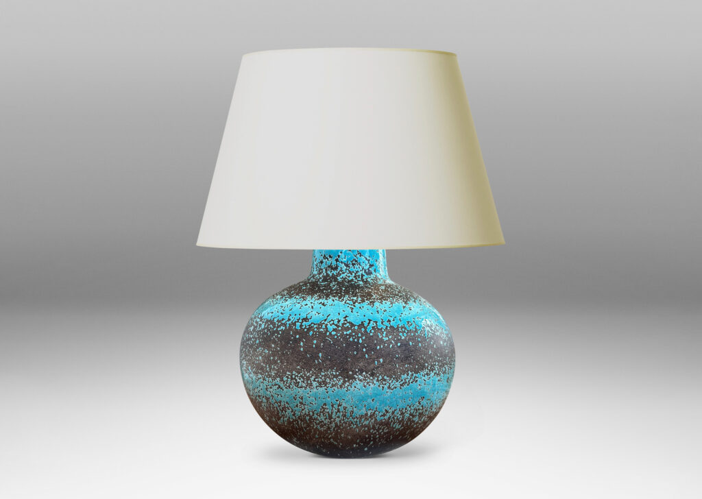 Gallery BAC dynamically modeled tapering spherical form, glazed in ethereal turquoise stripes against matte gray