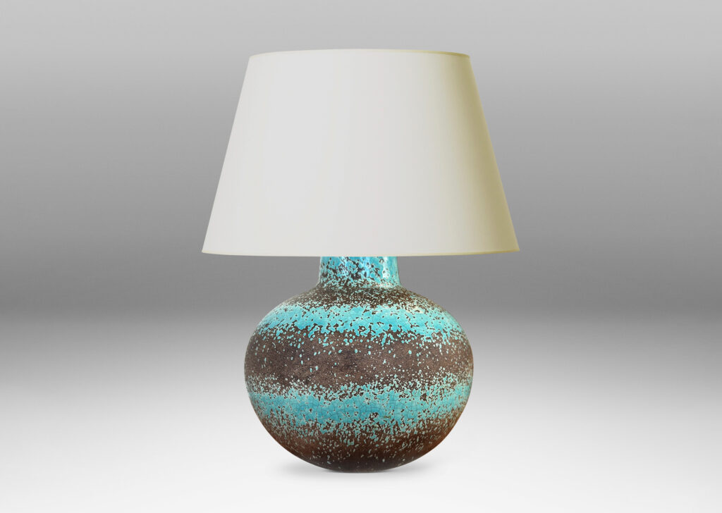 Gallery BAC dynamically modeled tapering spherical form, glazed in ethereal turquoise stripes against matte gray