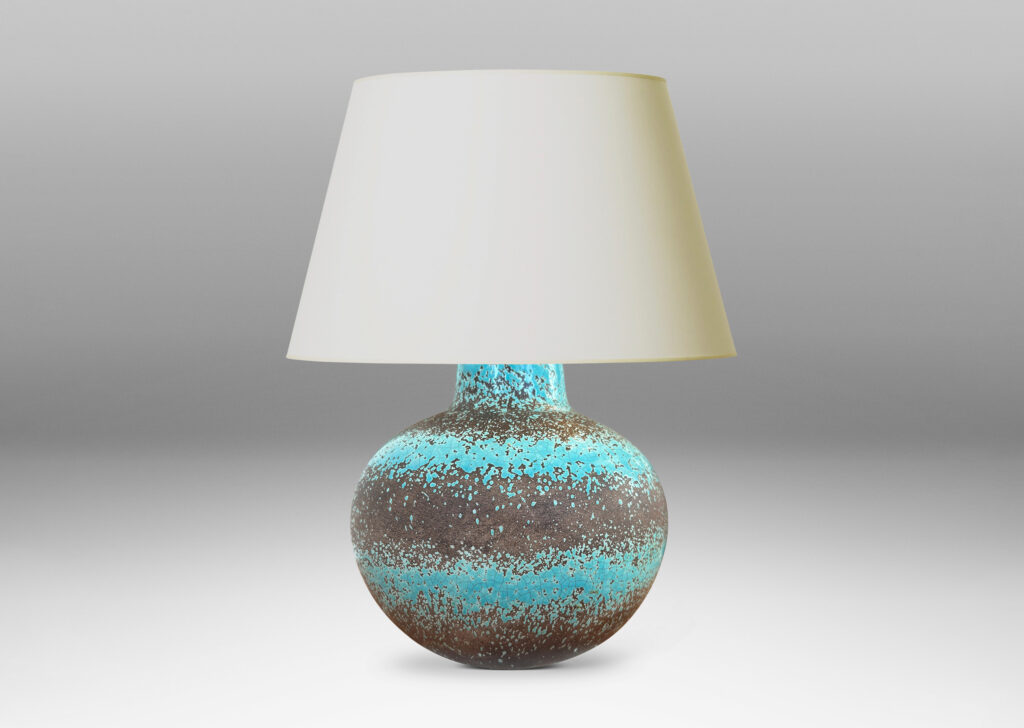 Gallery BAC dynamically modeled tapering spherical form, glazed in ethereal turquoise stripes against matte gray