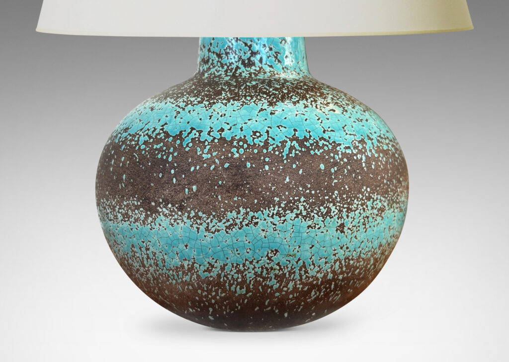 Gallery BAC dynamically modeled tapering spherical form, glazed in ethereal turquoise stripes against matte gray