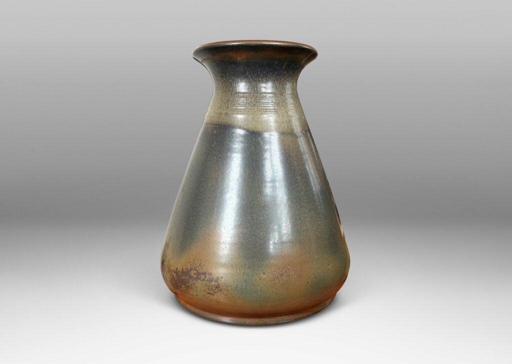 Gallery BAC large upwardly tapering form and outstretched mouth, glazed in gray and brown tones