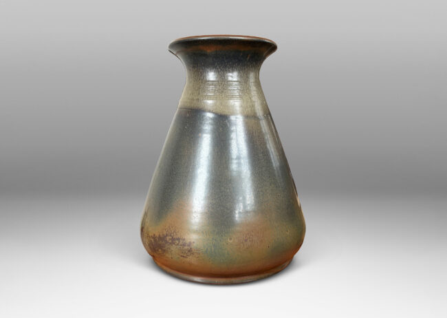 Gallery BAC large upwardly tapering form and outstretched mouth, glazed in gray and brown tones
