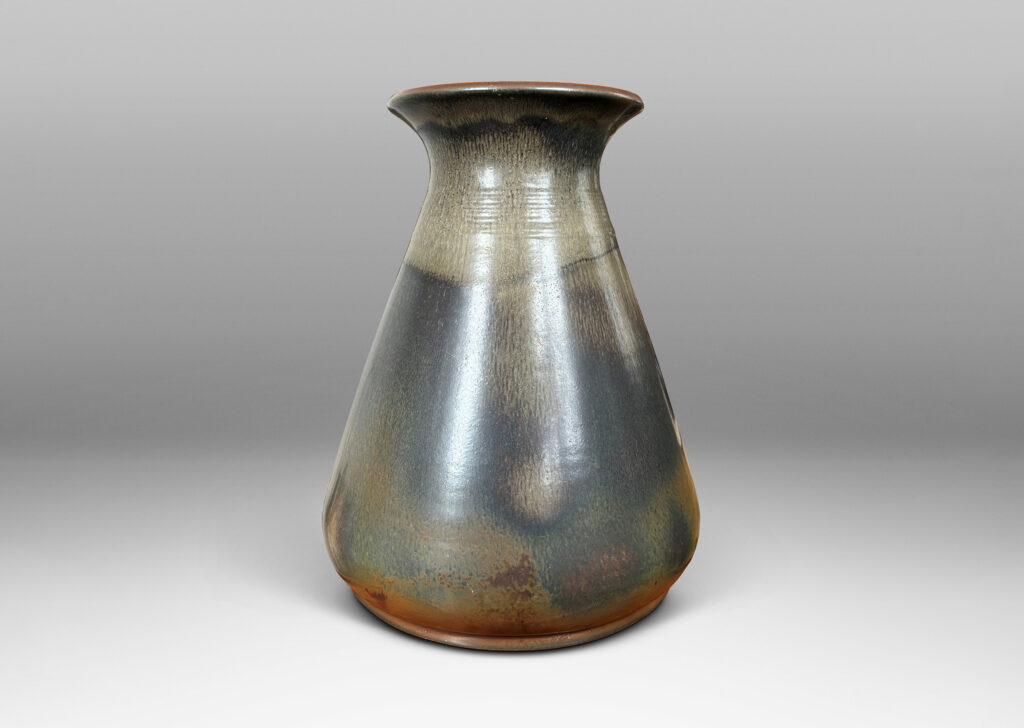 Gallery BAC large upwardly tapering form and outstretched mouth, glazed in gray and brown tones