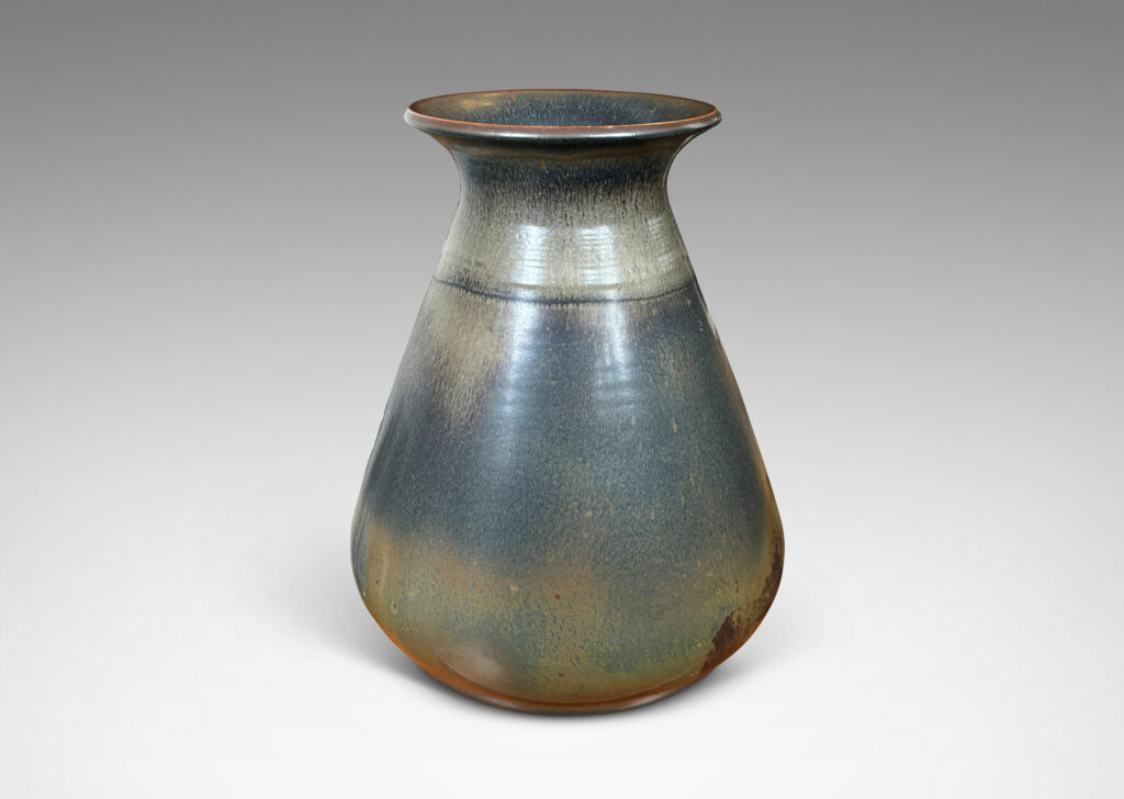 Gallery BAC large upwardly tapering form and outstretched mouth, glazed in gray and brown tones