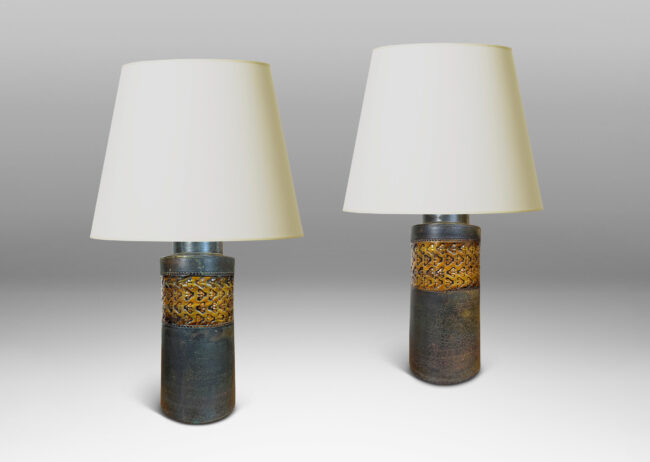 Gallery BAC rationalized canister form in matte brown, with wide bands with impressed ornaments glazed in a gloss coffee brown