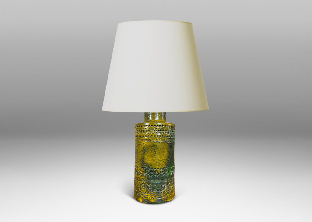 Gallery BAC medium height cylindrical form encircled in bands of impressed geometric ornaments, glazed in mustard yellow with green-gray