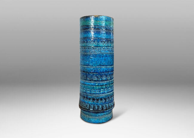Gallery BAC all cylindrical form impressed ringed in bands of impressed ornamental motifs, glazed in bright cerulean tones