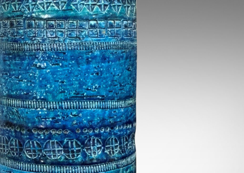 Gallery BAC all cylindrical form impressed ringed in bands of impressed ornamental motifs, glazed in bright cerulean tones