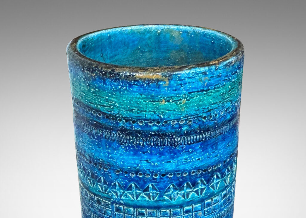Gallery BAC all cylindrical form impressed ringed in bands of impressed ornamental motifs, glazed in bright cerulean tones