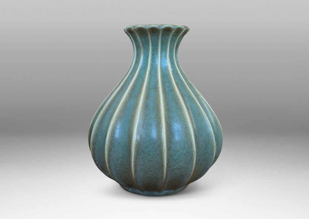 Gallery BAC fluted swelling form with outstretched mouth, in a turquoise-olive glaze