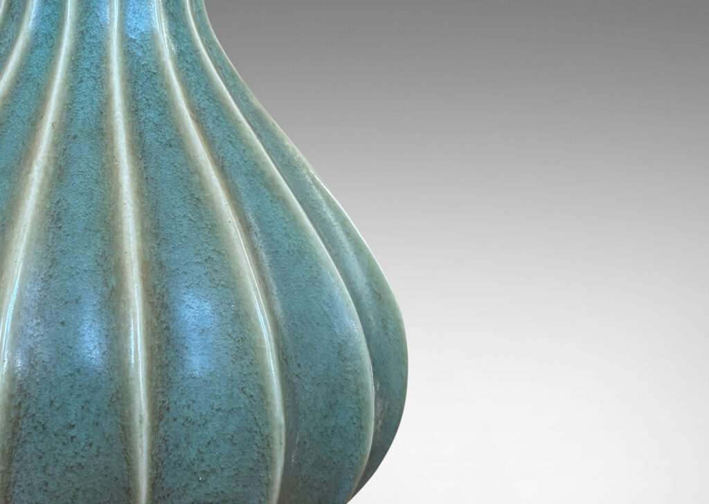 Gallery BAC fluted swelling form with outstretched mouth, in a turquoise-olive glaze