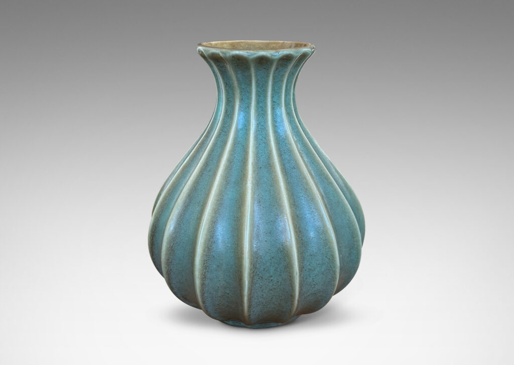 Gallery BAC fluted swelling form with outstretched mouth, in a turquoise-olive glaze
