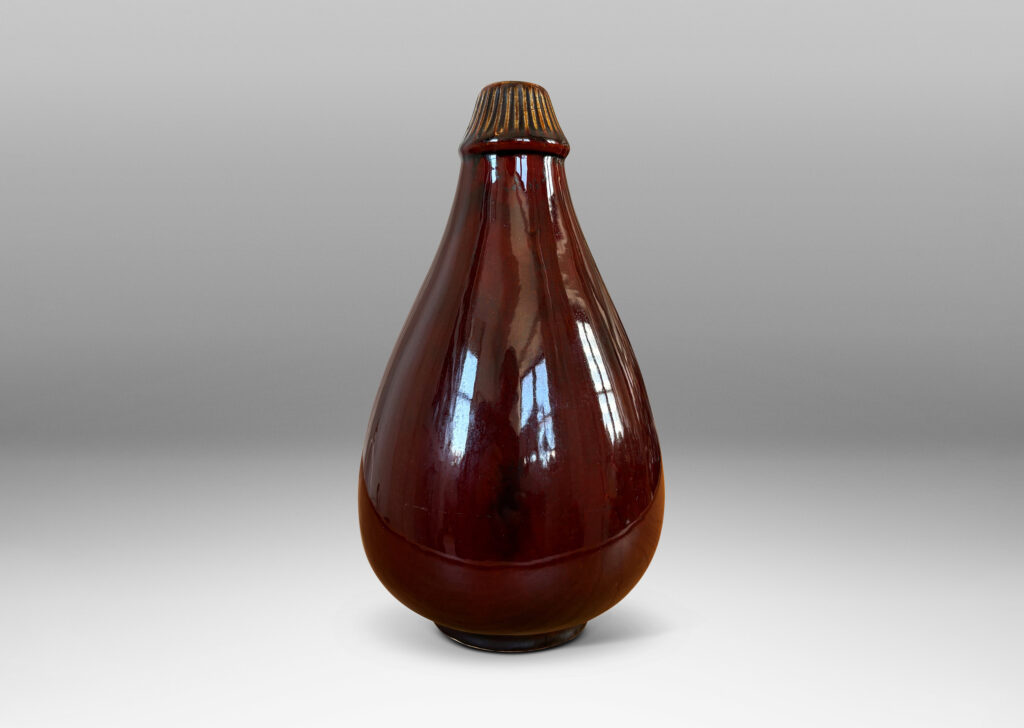 Gallery BAC eggplant-evoking drop form with ridged notch collar, glazed in a saturated burgundy oxblood