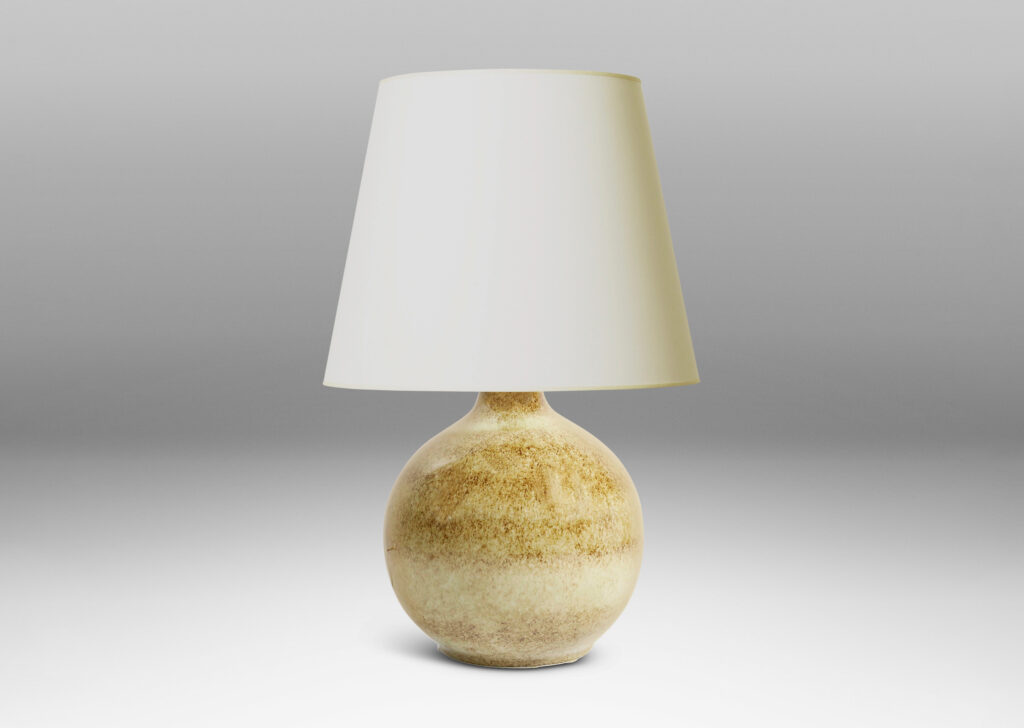 Gallery BAC globe form glazed in a beachy stipple dark over pale brown