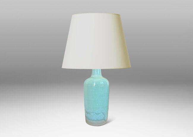 Gallery BAC tall tapered form glazed in a thick celadon tone with speckling and nice flow line at base