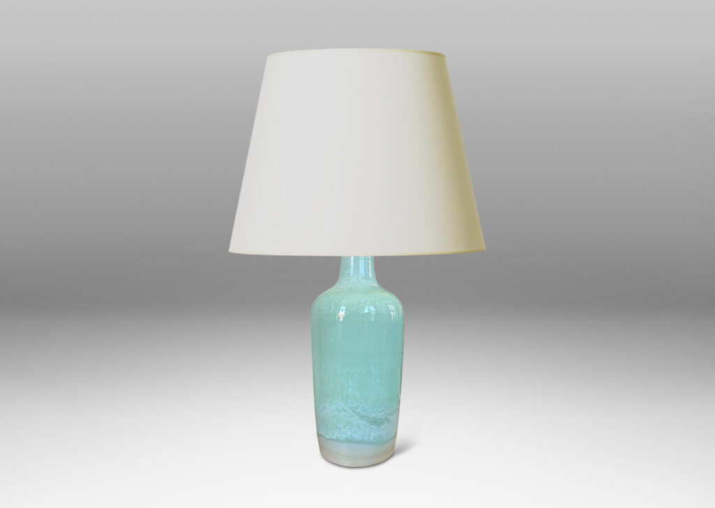 Gallery BAC tall tapered form glazed in a thick celadon tone with speckling and nice flow line at base