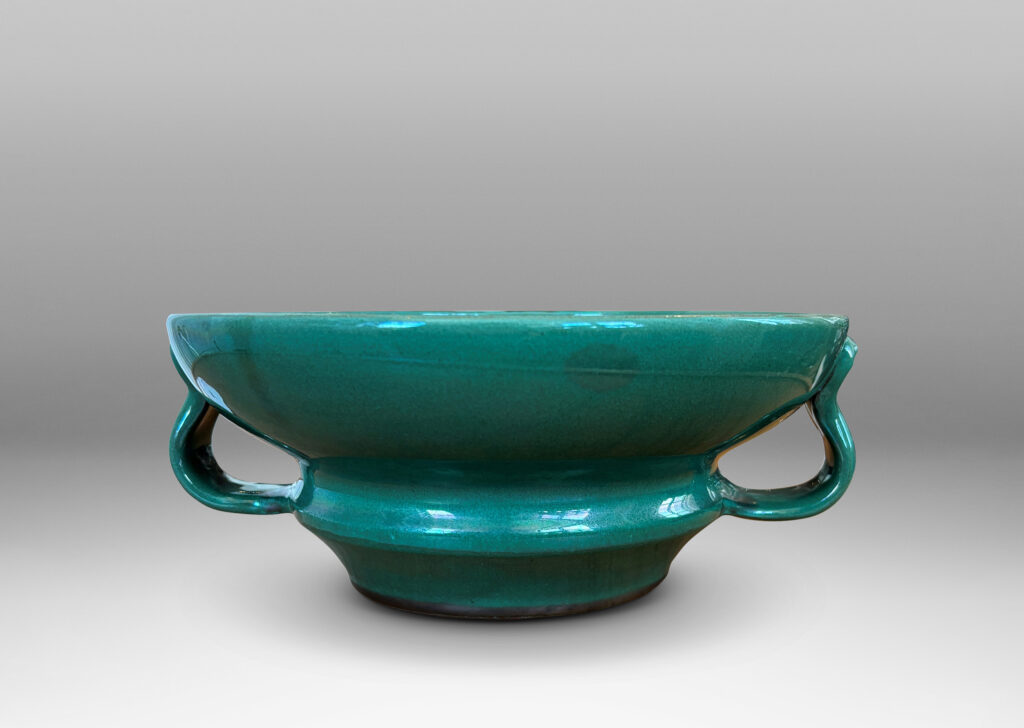 Gallery BAC undulating profile with applied handles, in a deep tonal teal copper oxide glaze