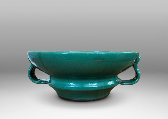 Gallery BAC undulating profile with applied handles, in a deep tonal teal copper oxide glaze