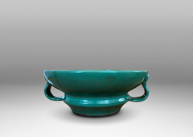 Gallery BAC undulating profile with applied handles, in a deep tonal teal copper oxide glaze