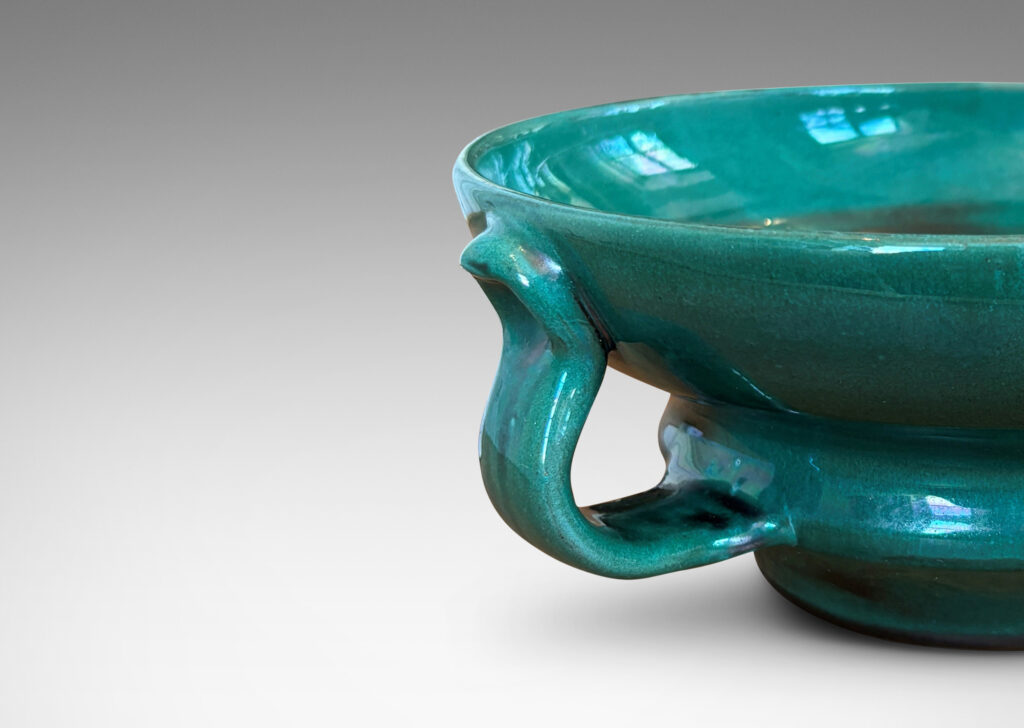 Gallery BAC undulating profile with applied handles, in a deep tonal teal copper oxide glaze