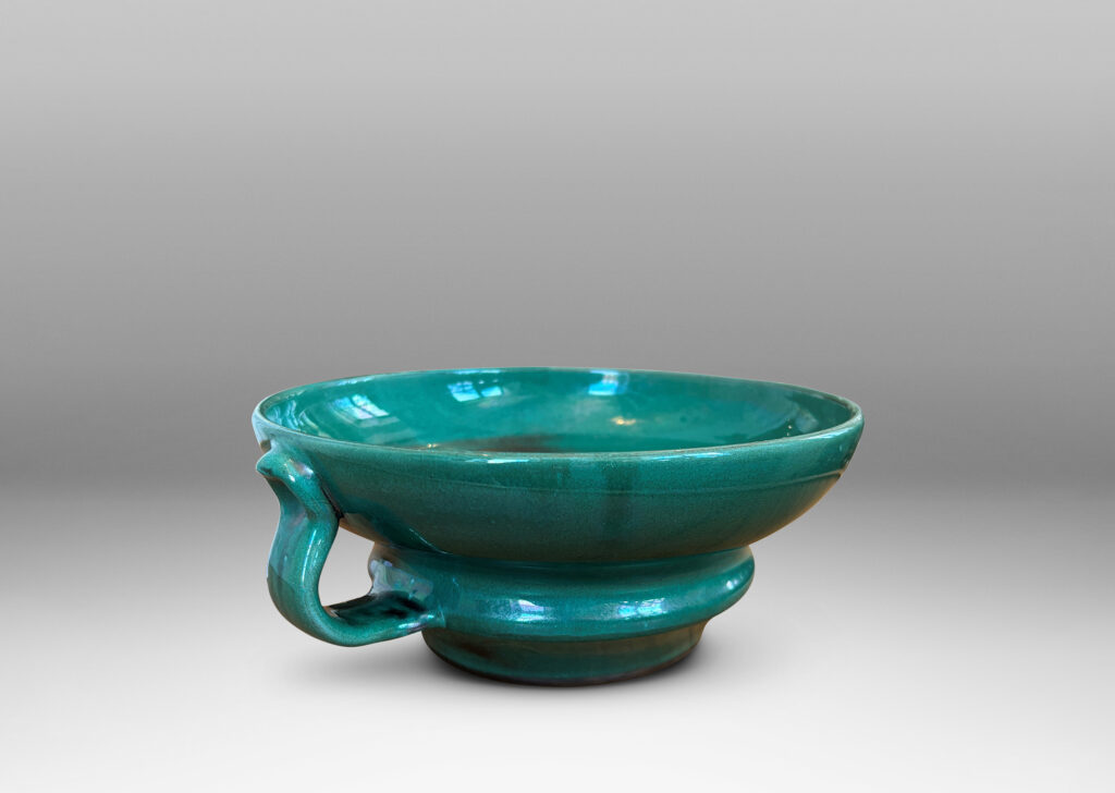 Gallery BAC undulating profile with applied handles, in a deep tonal teal copper oxide glaze